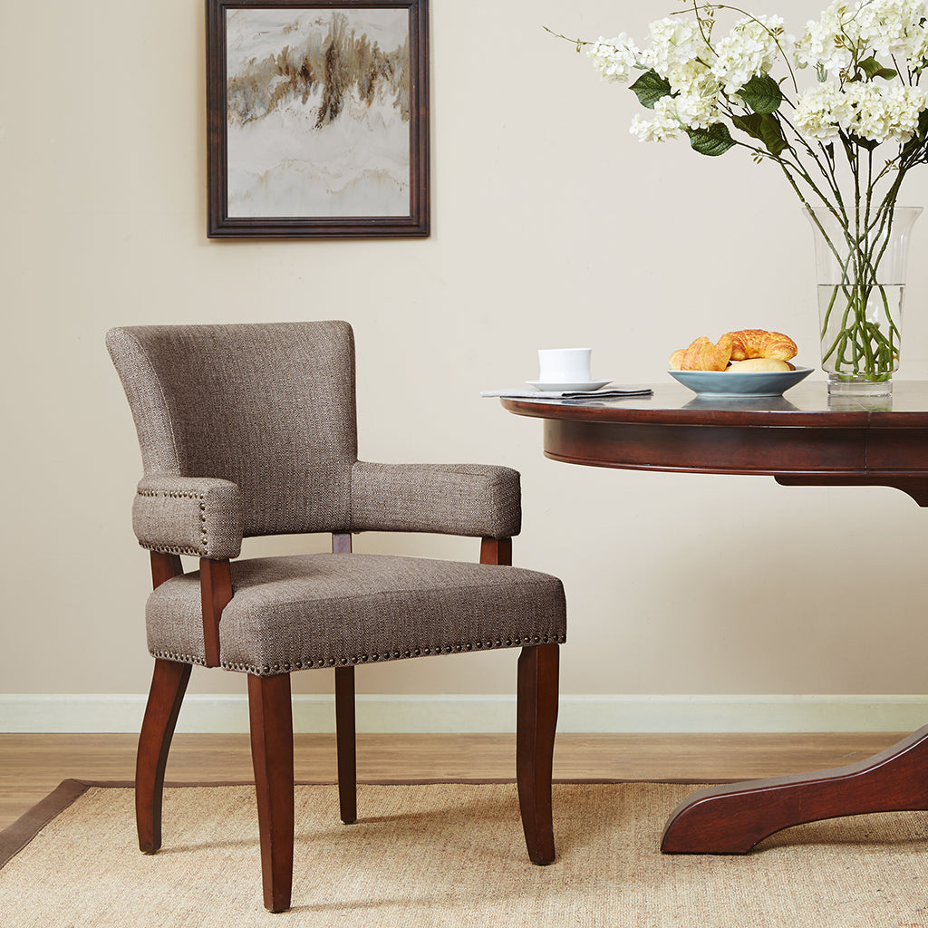 TREATLIFE HOME Arm Dining Chair with Brass Nail Head Detailing, Solid Hardwood Frame, Wood Finish in Espresso, Brown Fabric