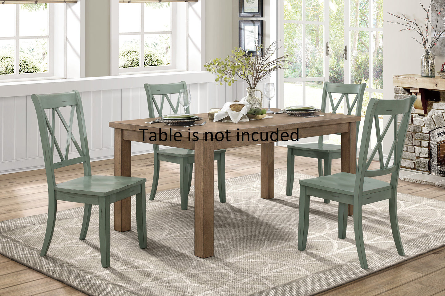 Green farmhouse dining chair with X back design made of solid wood