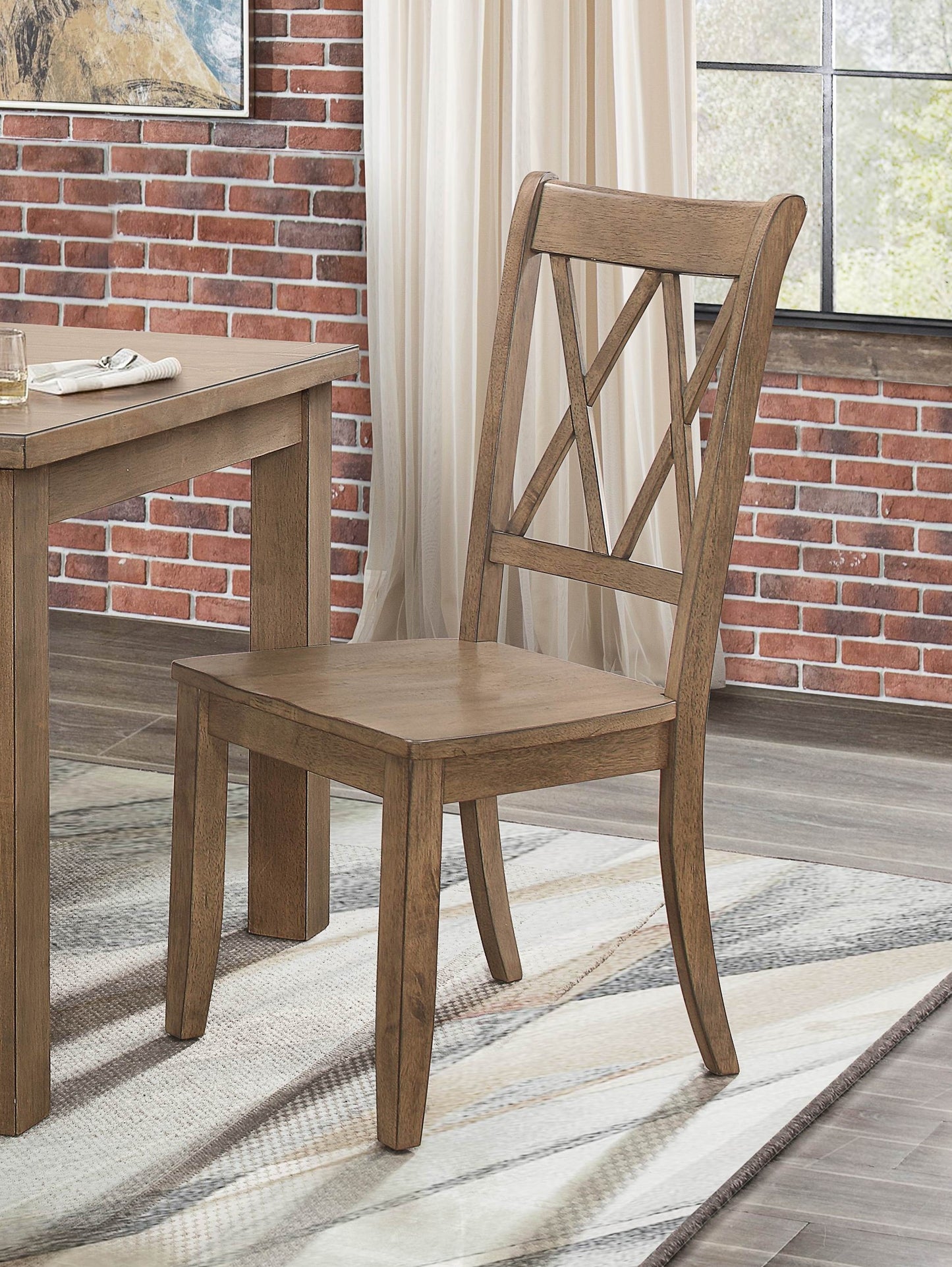 Rustic wooden dining chair with crisscross backrest detail