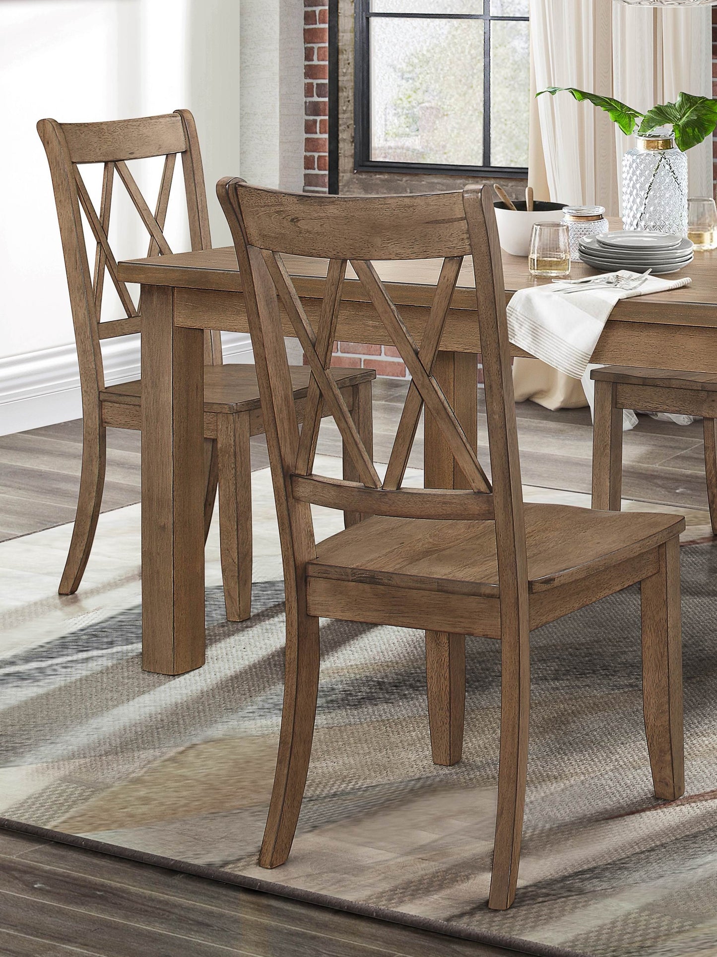 Rustic wooden dining chair with crisscross back detail