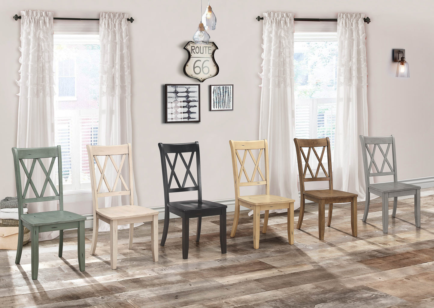 Green wooden dining chair with distinctive crisscross back