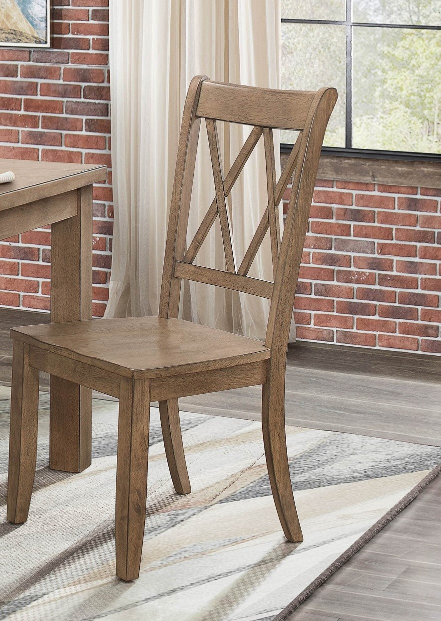 Rustic brown wooden dining chair with crisscross backrest