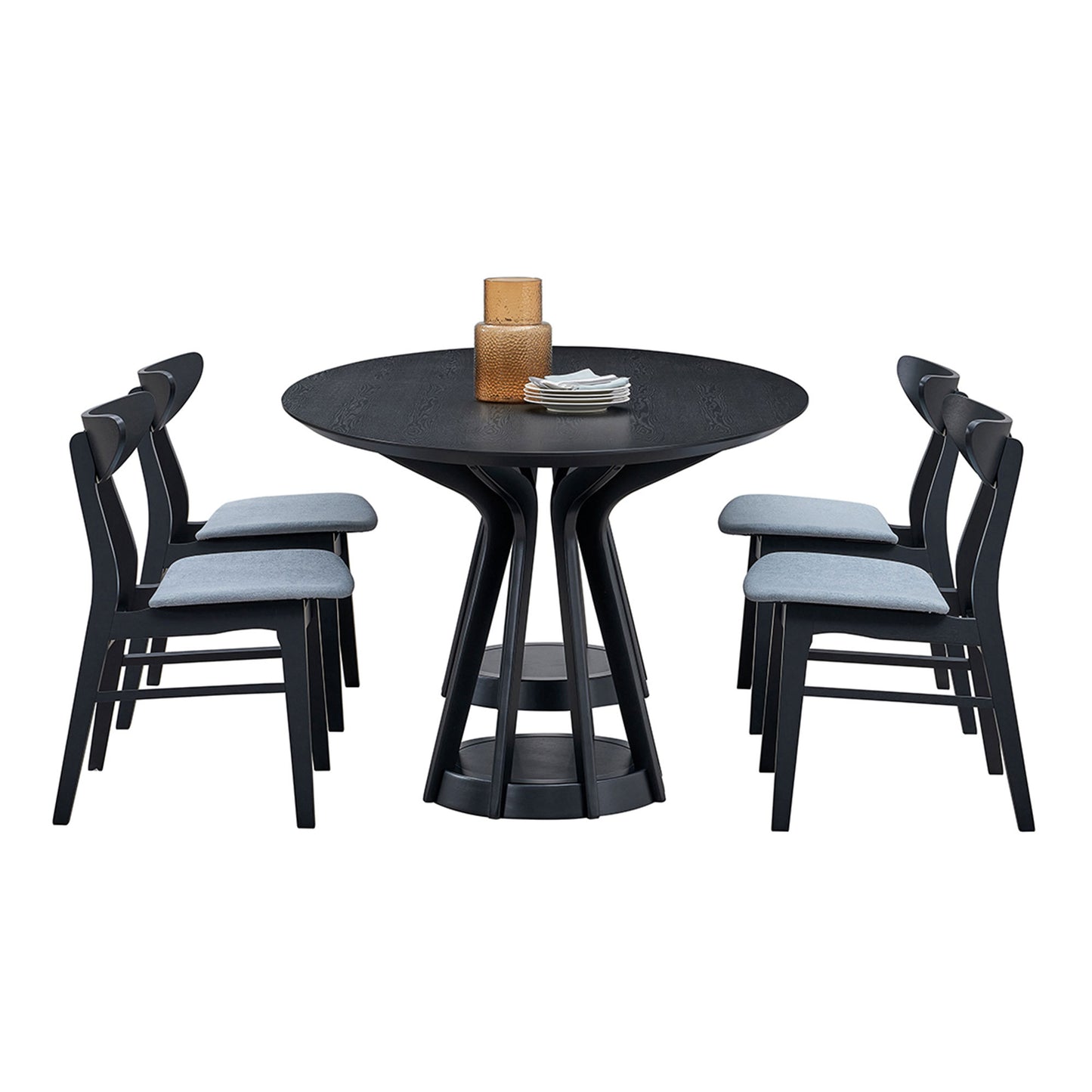 Black modern dining table with four gray upholstered chairs
