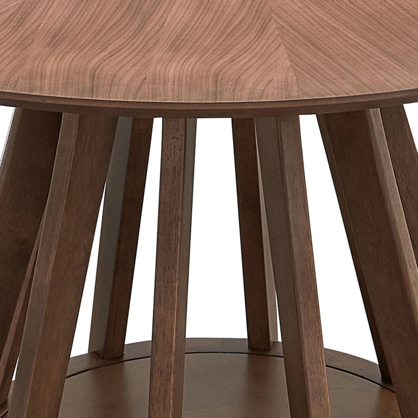 Closeup of a dark walnut wood table top with intricate grain detail and slatted base