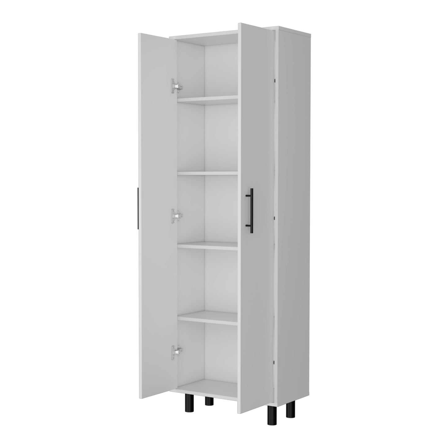 White twodoor tall cabinet with open doors showing adjustable shelves