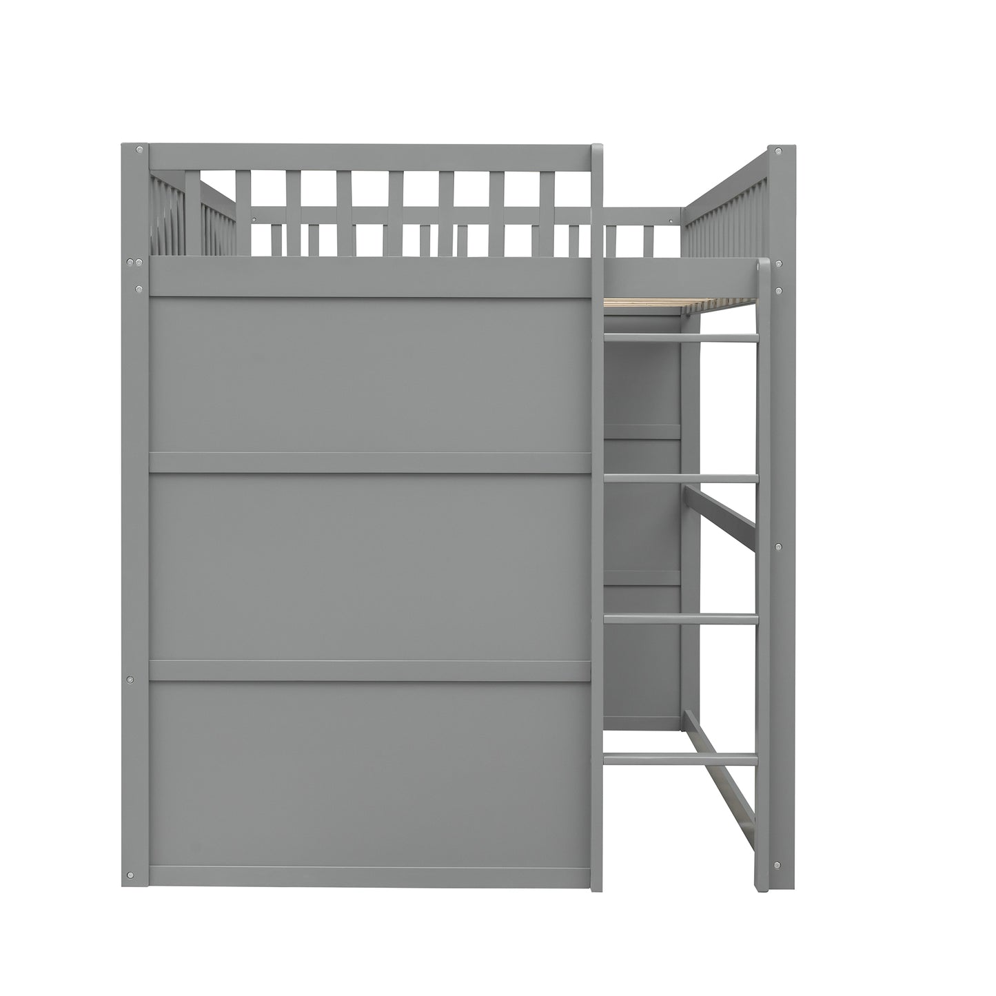 Grey wooden loft bed with ladder and slatted guardrails