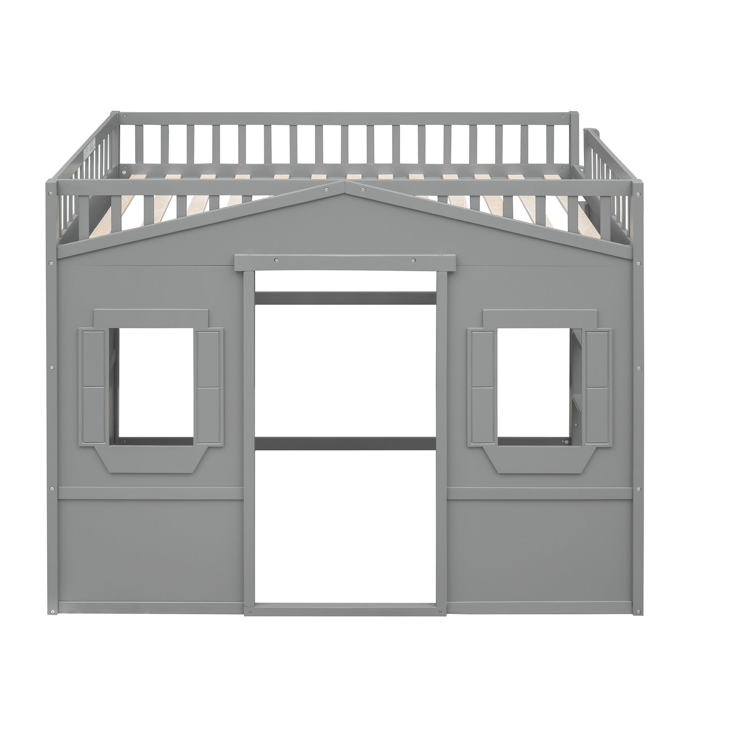 Gray wooden playhouse loft bed with open front and windows