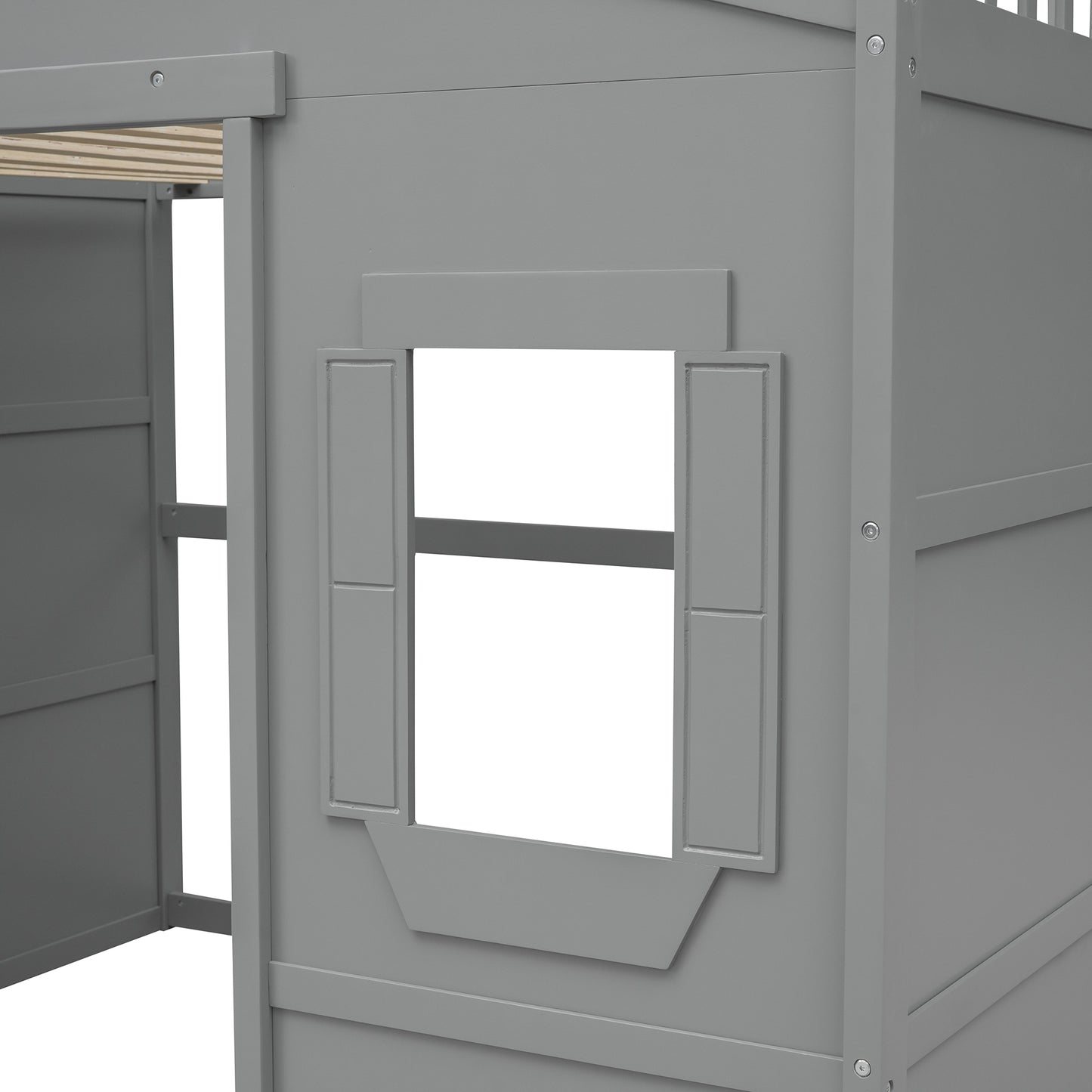 Gray wooden loft bed frame with faux window detailing and slats