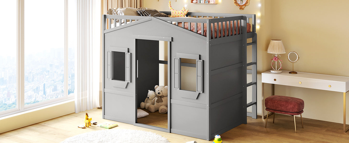 Gray wooden kids loft bed with houseshaped design and ladder