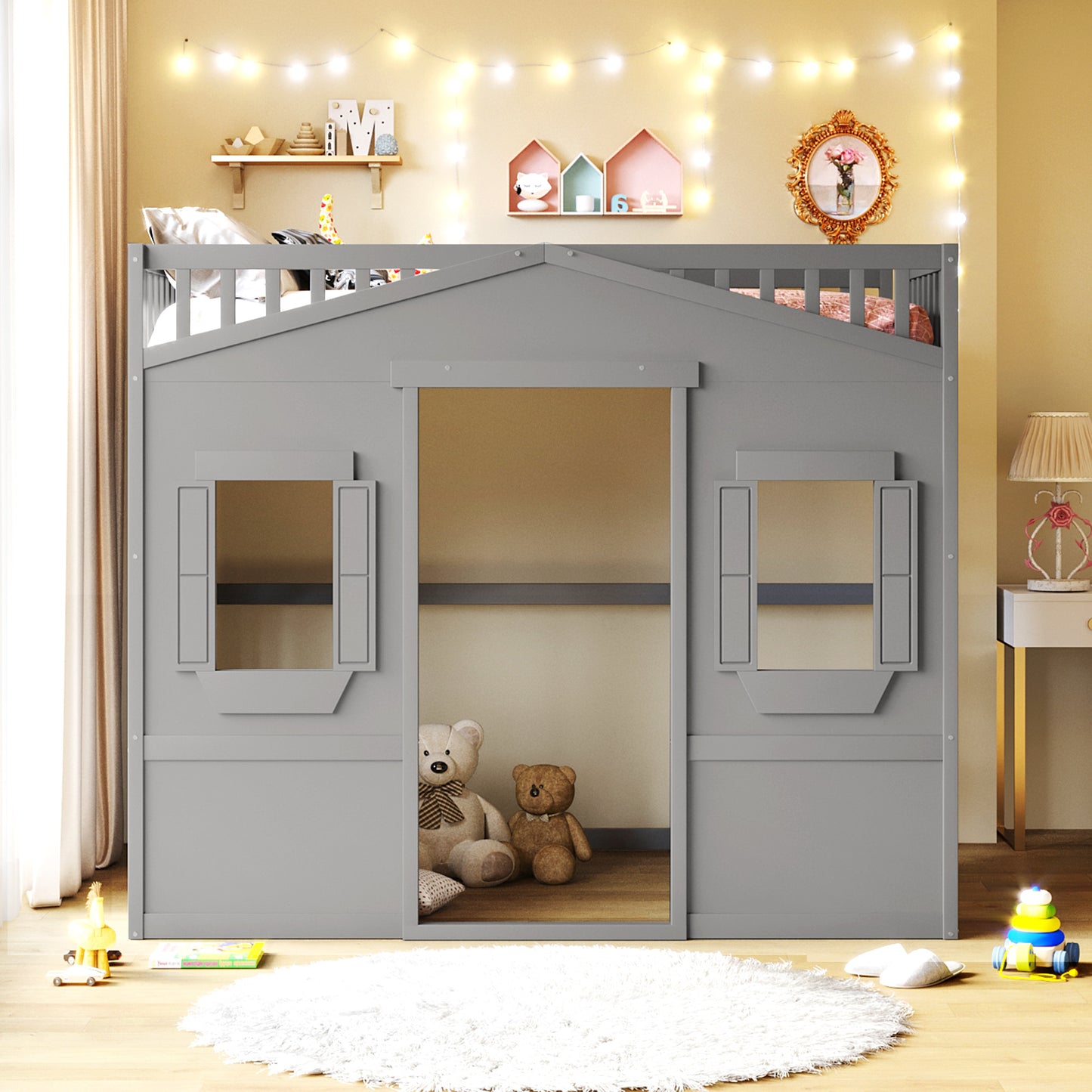 Gray wooden house bed frame with windows and open doorway