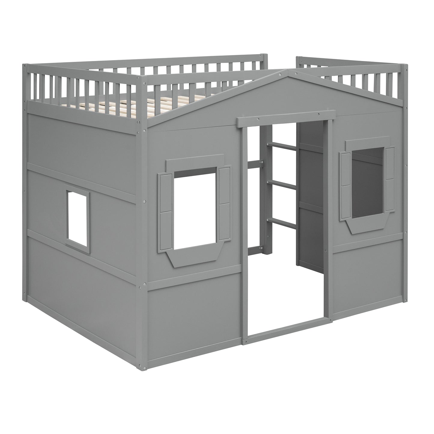 Gray wooden loft bed with houseshaped frame and ladder