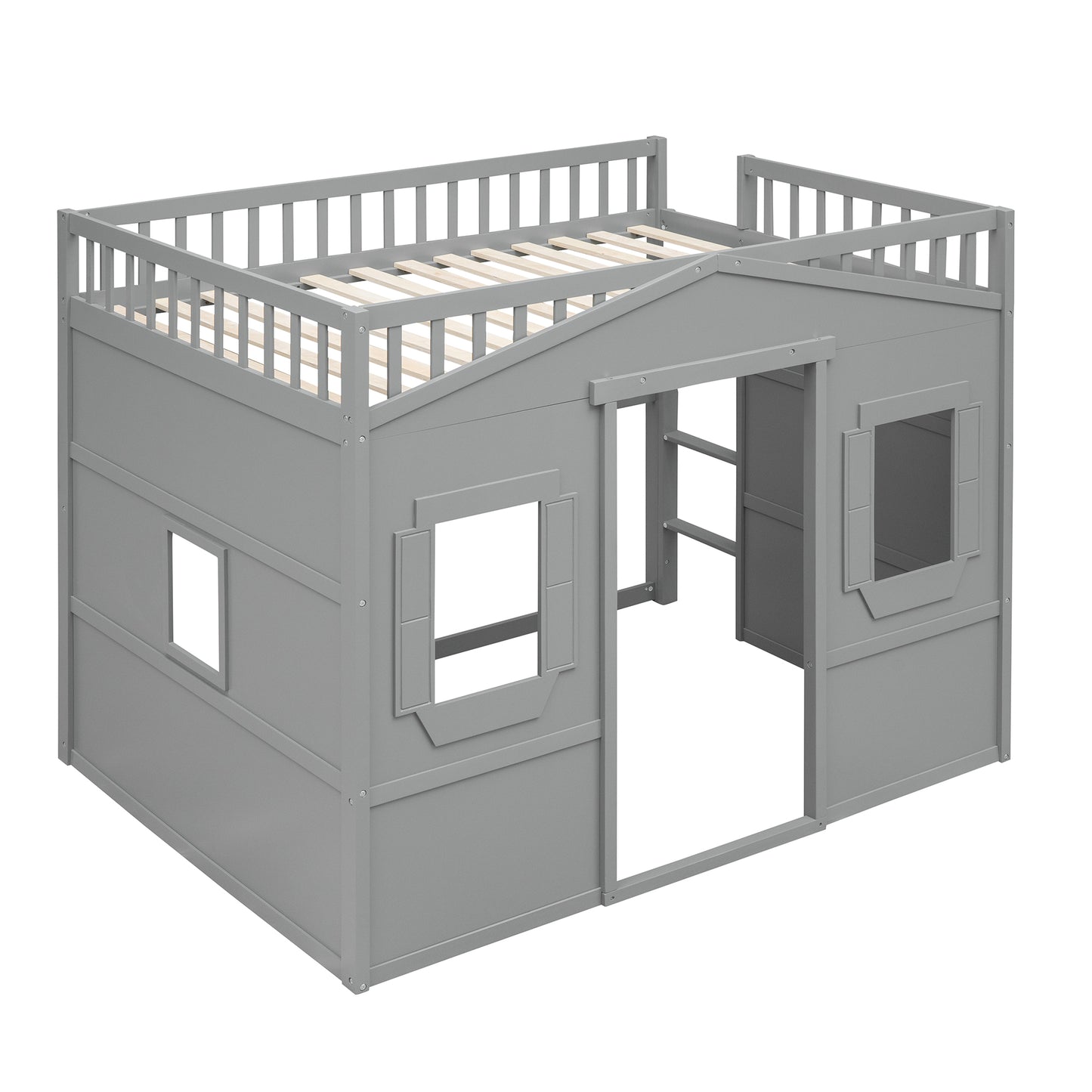 Gray wooden loft bed with houseshaped design and railings