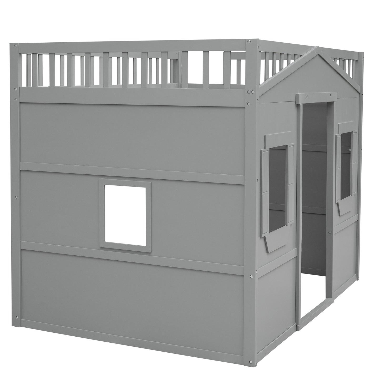 Gray wooden loft bed with houseshaped enclosure and windows