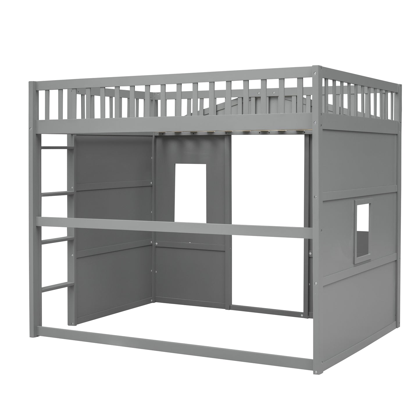 Gray wooden loft bed with ladder and playhouse feature perfect for kids rooms