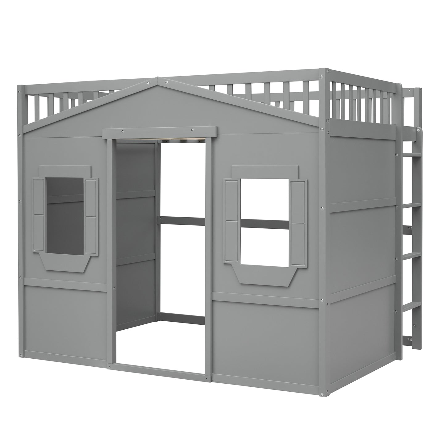Gray wooden loft bed with houselike design and ladder for kids