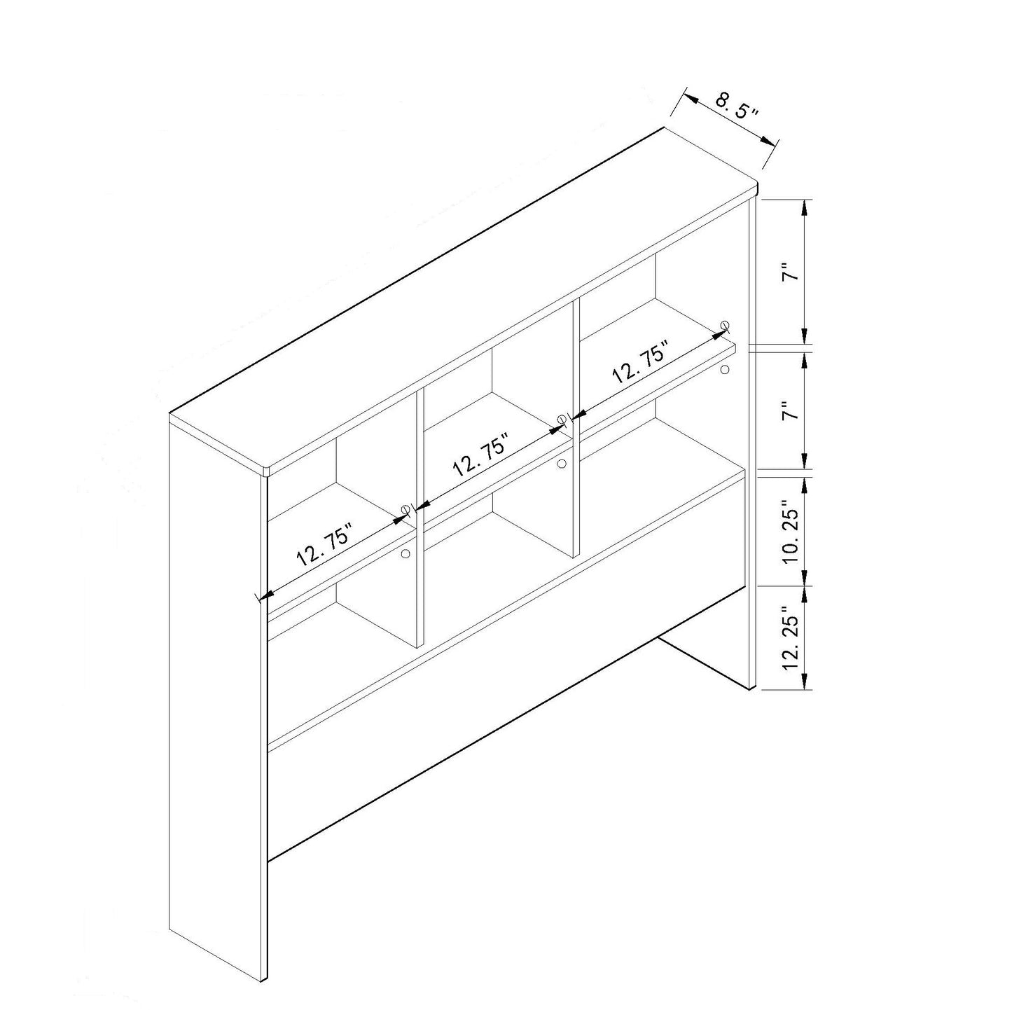 Line drawing of an open shelf bookcase with dimensions