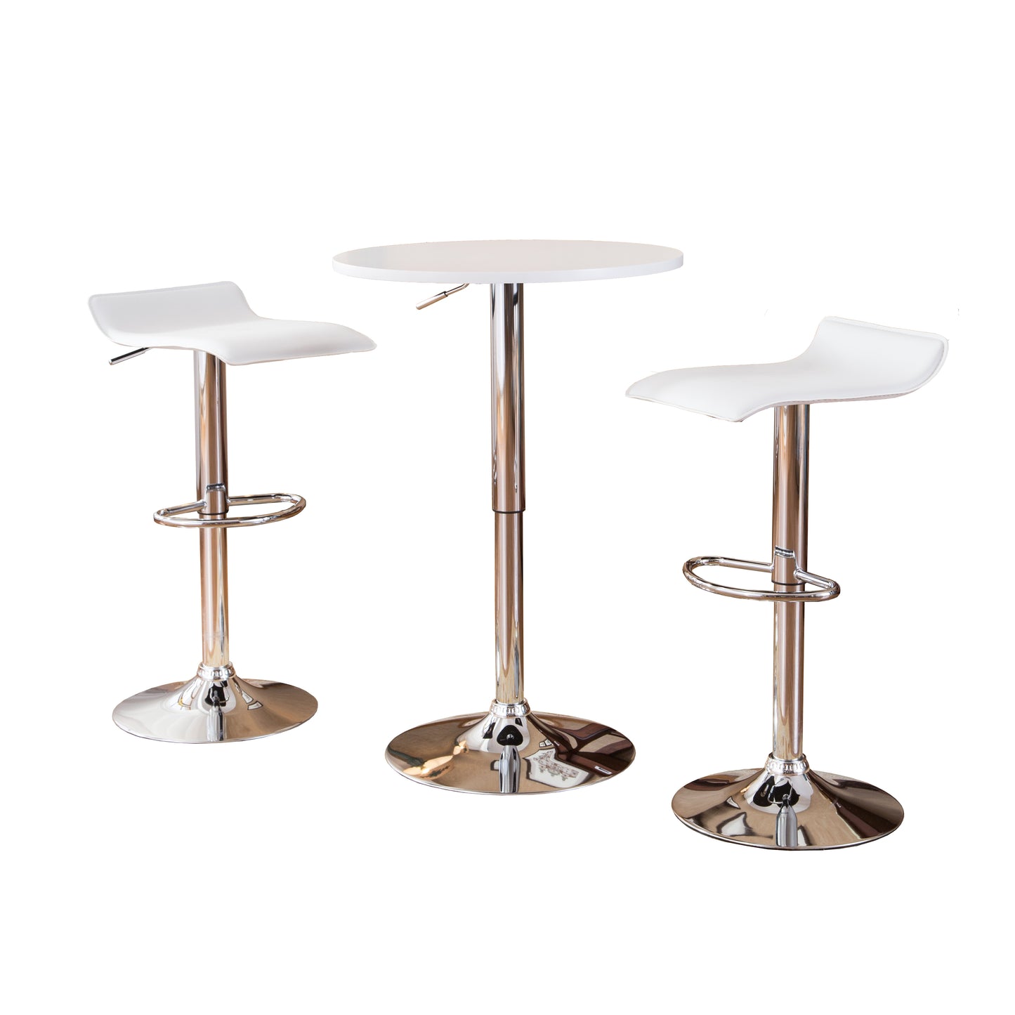 White adjustable bar stool with chrome base and footrest