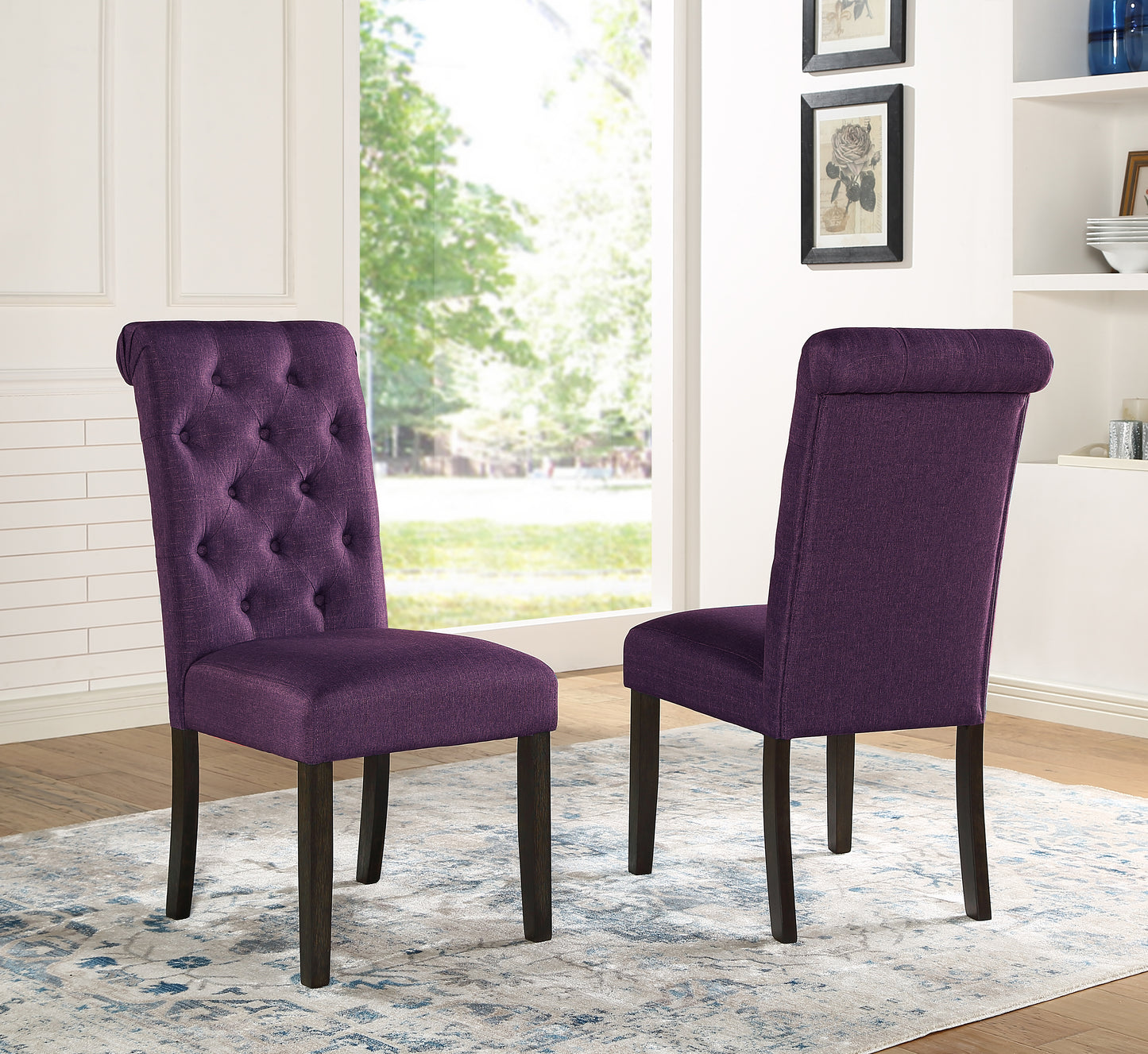 Tufted purple upholstered dining chair with dark wood legs