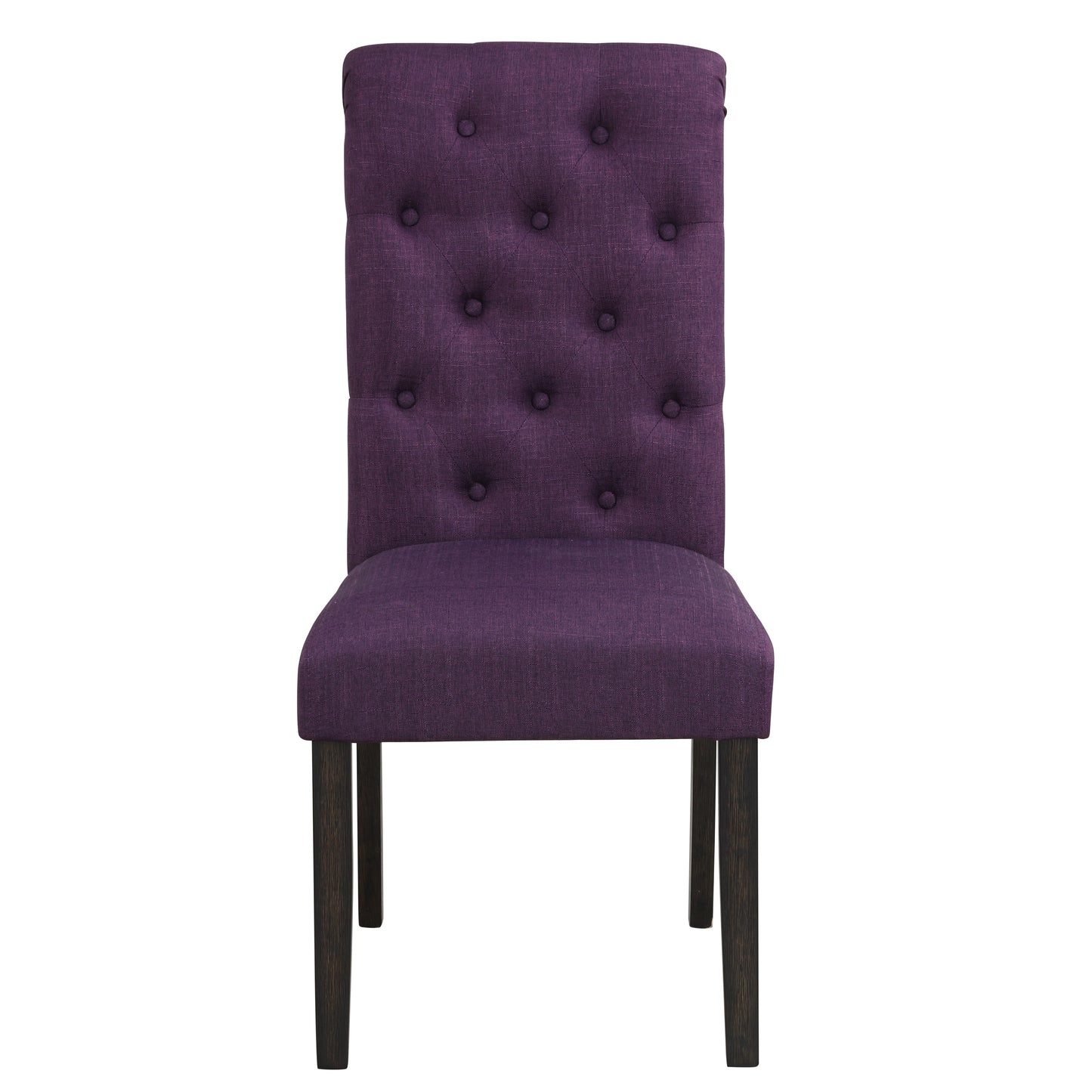 Tufted purple fabric dining chair with dark wooden legs