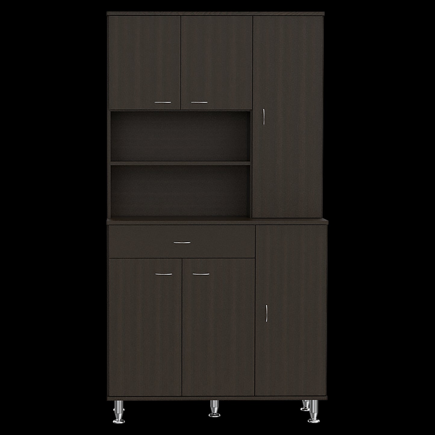 Dark wood pantry cabinet with open shelves and multiple doors