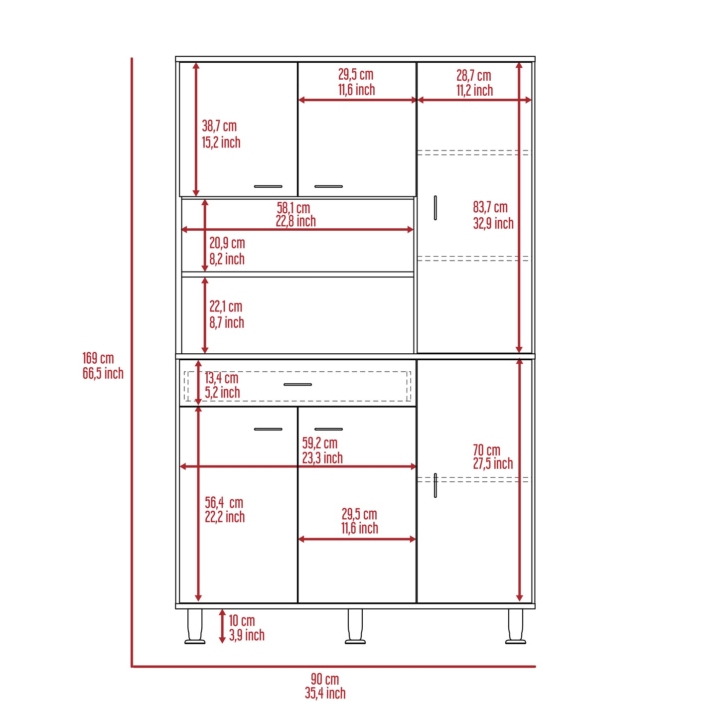 Line drawing blueprint of a modern cabinet showing dimensions