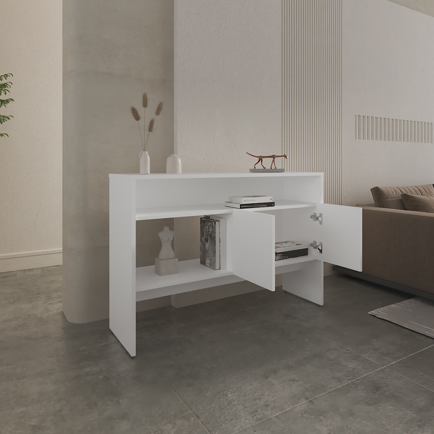 Modern white sideboard with open doors and shelves