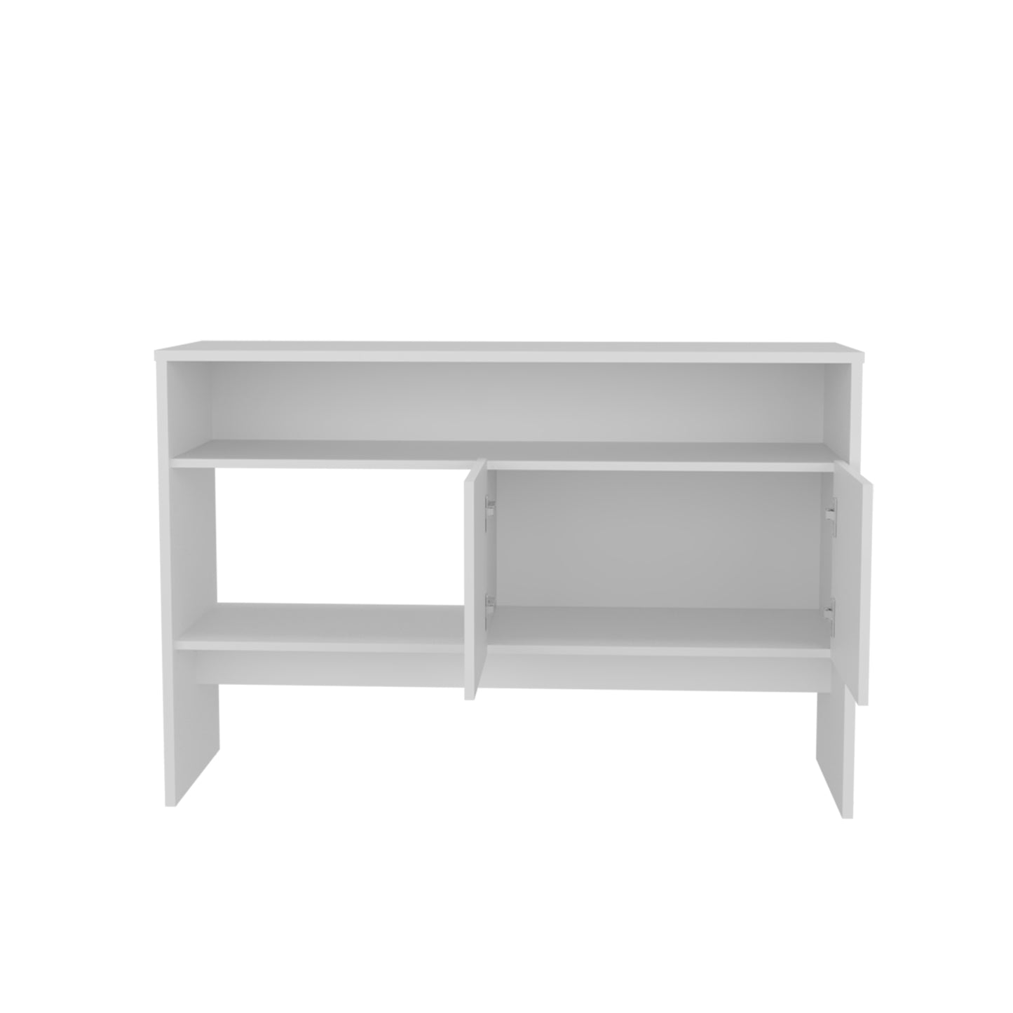 White modern console table with two open shelves and one cabinet section