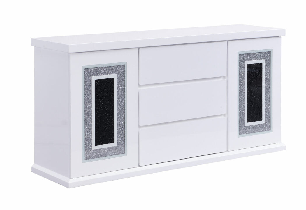 White high gloss sideboard with crystalembellished doors and three drawers