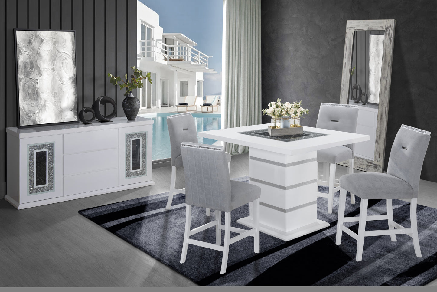 White glossy square dining table with floral centerpiece and gray chairs