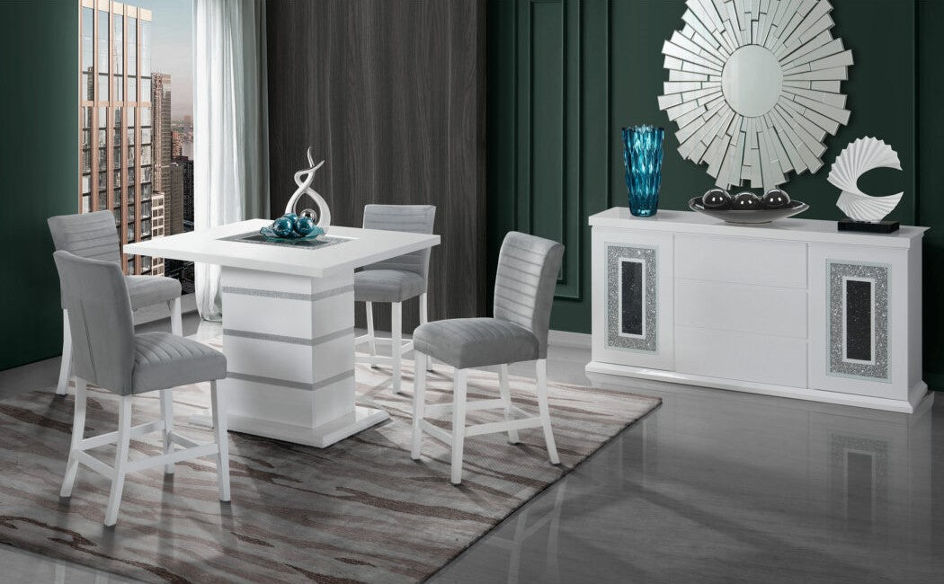 White square counter height table with silver accents