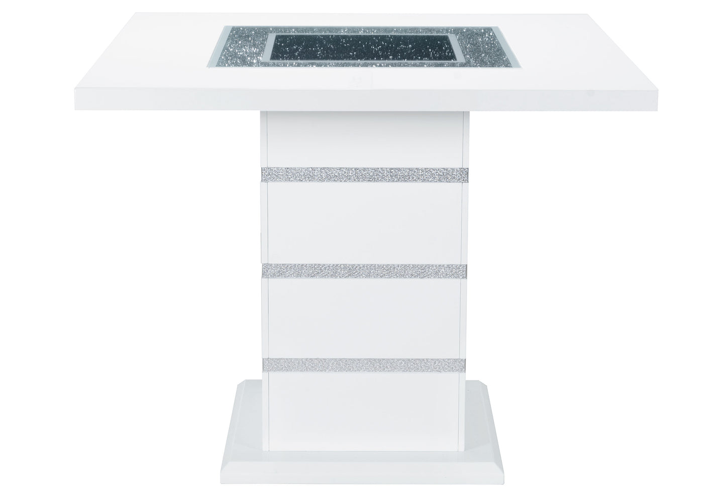 Square white dining table with a crushed diamond inlay center and silver glitter accents