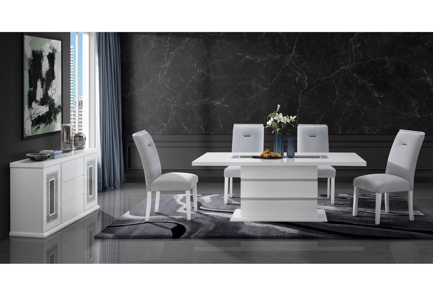White high gloss dining table with silver accent bands