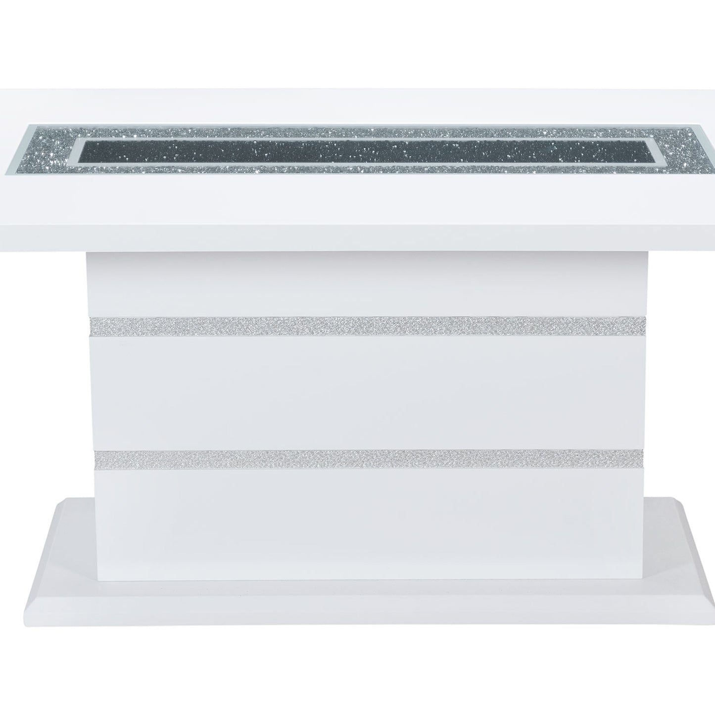 White console table with mirrored geometric inlay on top