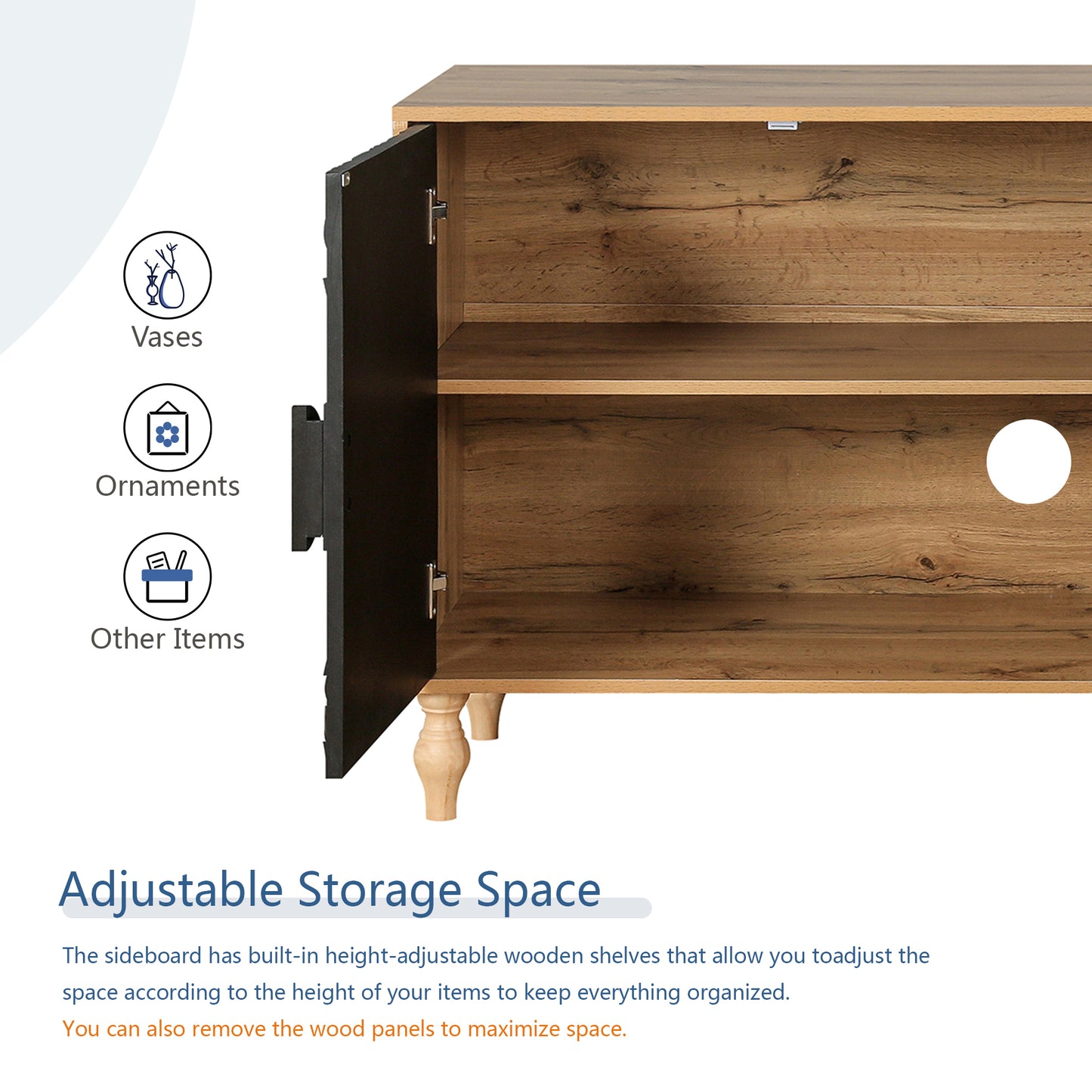 Wooden sideboard with open door revealing adjustable shelves