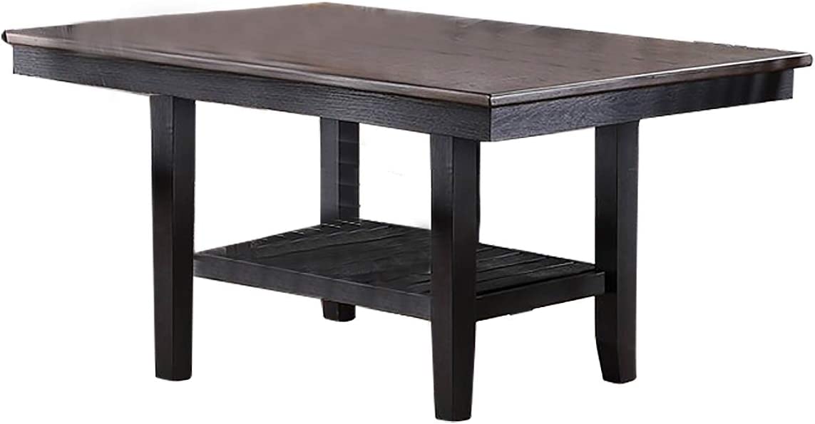 Dark wood counter height table with slatted shelf