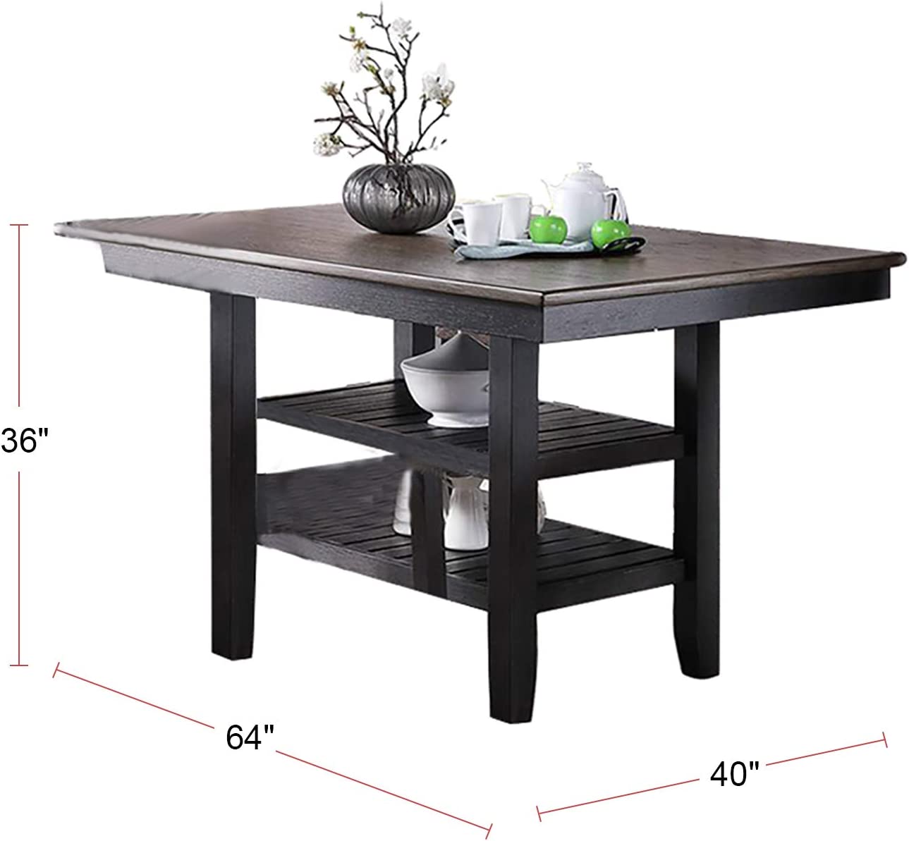 Farmhouse counter height table with two slatted shelves