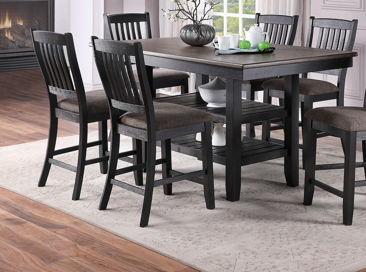 Dark wood counter height table and chairs set for dining room
