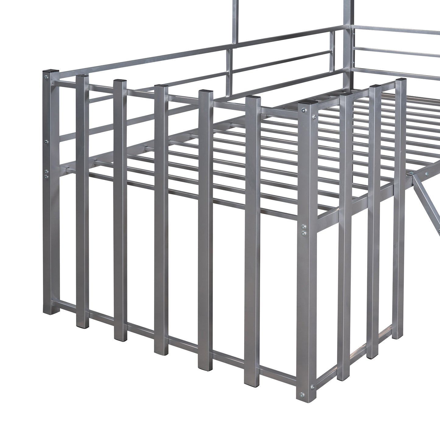 Closeup of a silver metal bunk bed frame with vertical slats