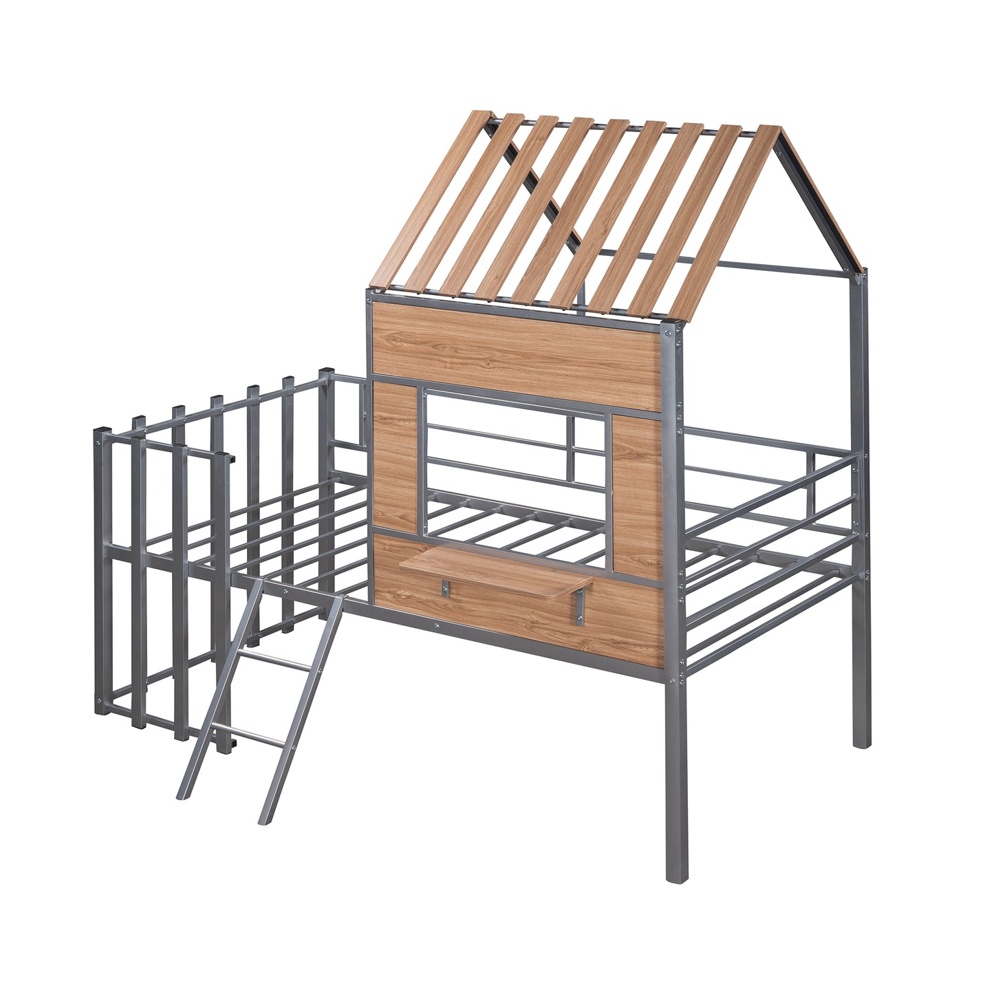Gray metal and wood twin loft bed with ladder and playful house design