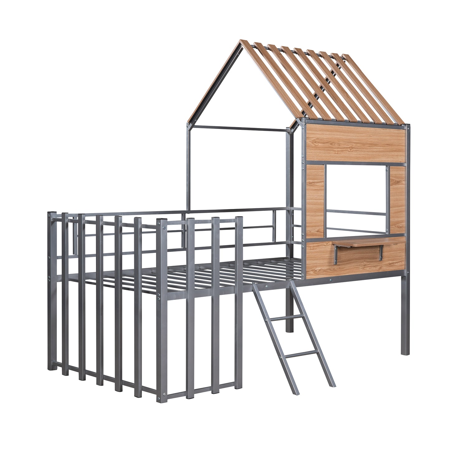 Gray metal loft bed with wood accents and ladder