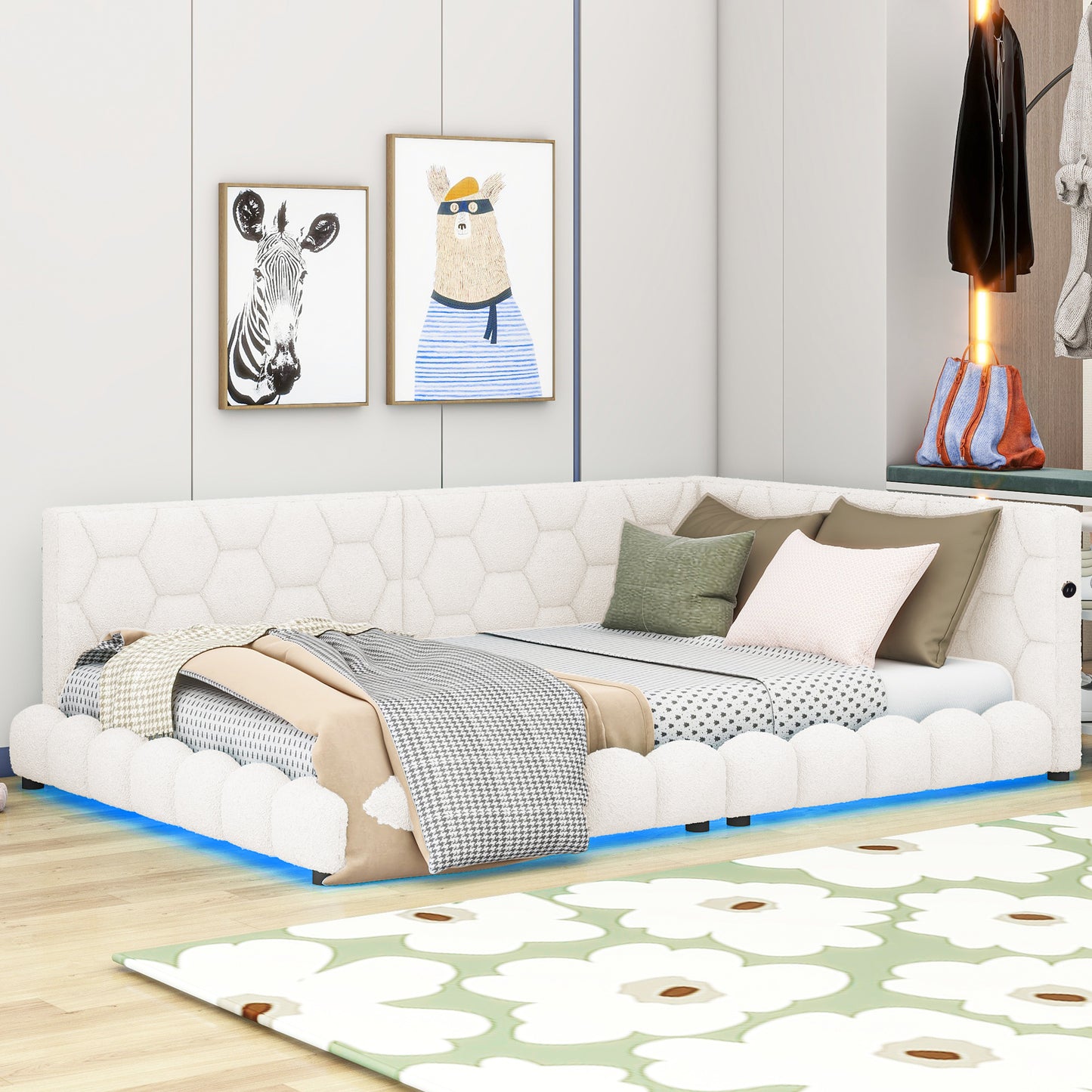 White boucle tufted bed frame with blue LED underglow