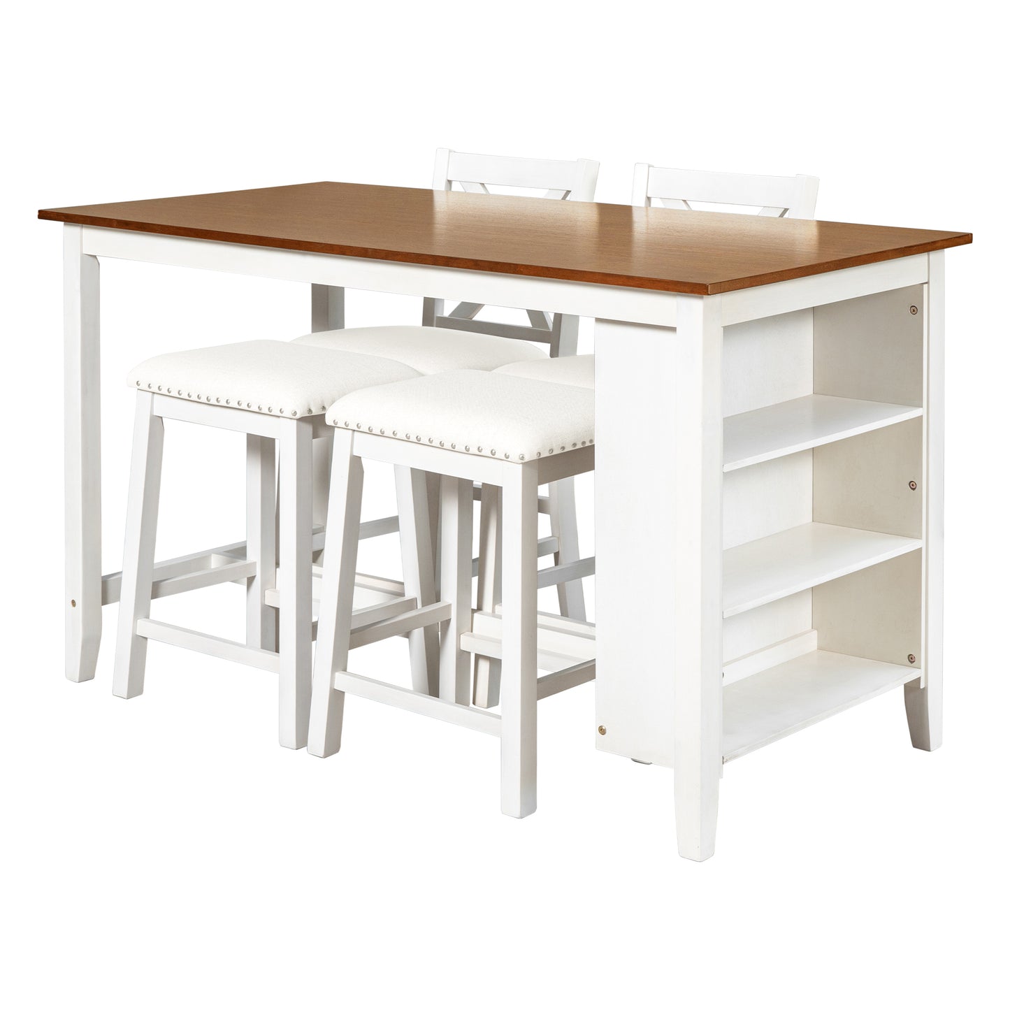 White and wood counter height dining set with three stools and storage shelves