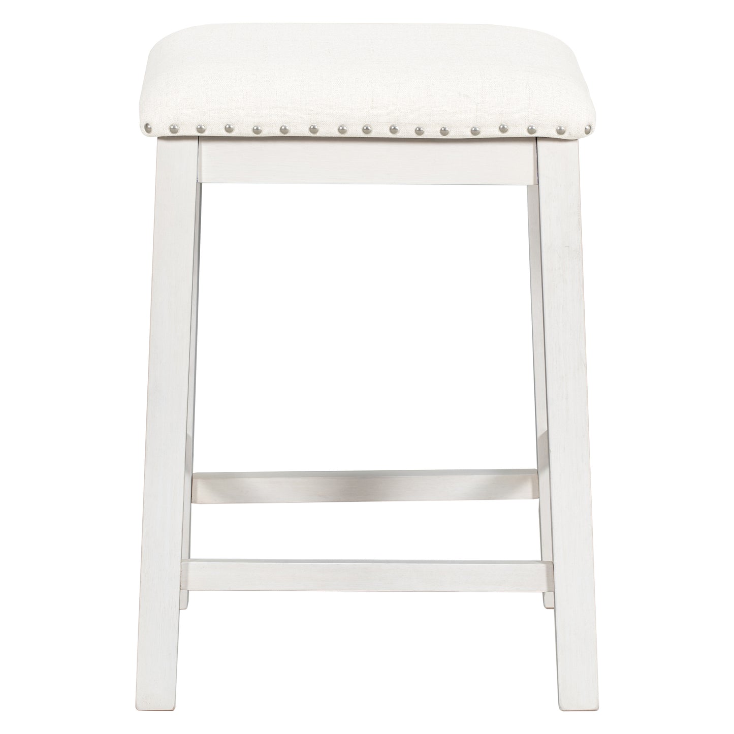 White upholstered counter stool with nailhead trim and distressed wood legs