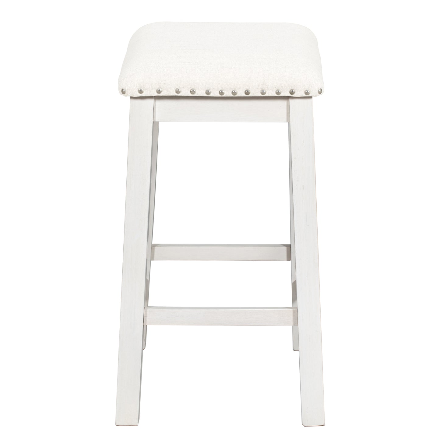 White upholstered counter stool with nailhead trim and distressed wood legs