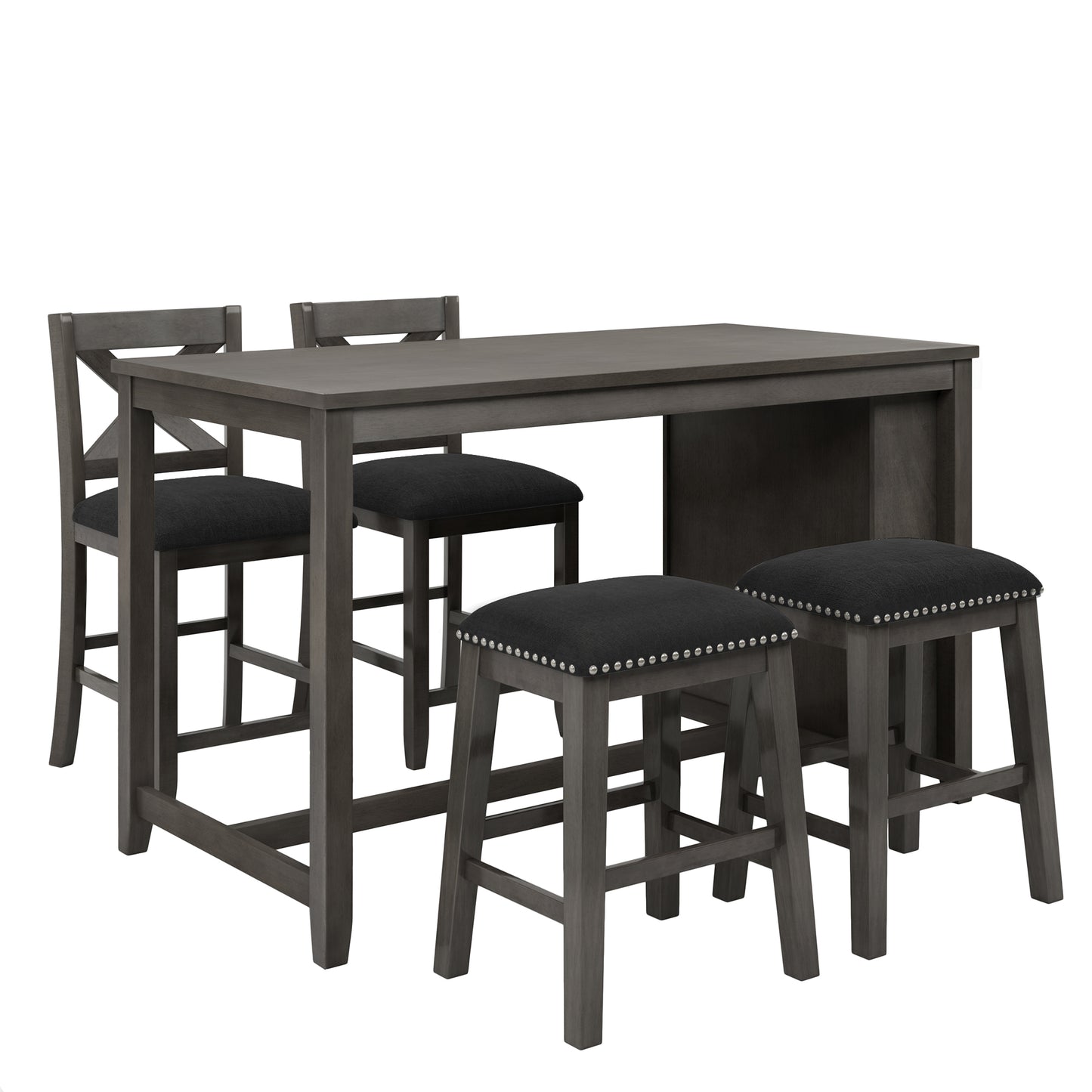 Gray counter height table with four upholstered stools