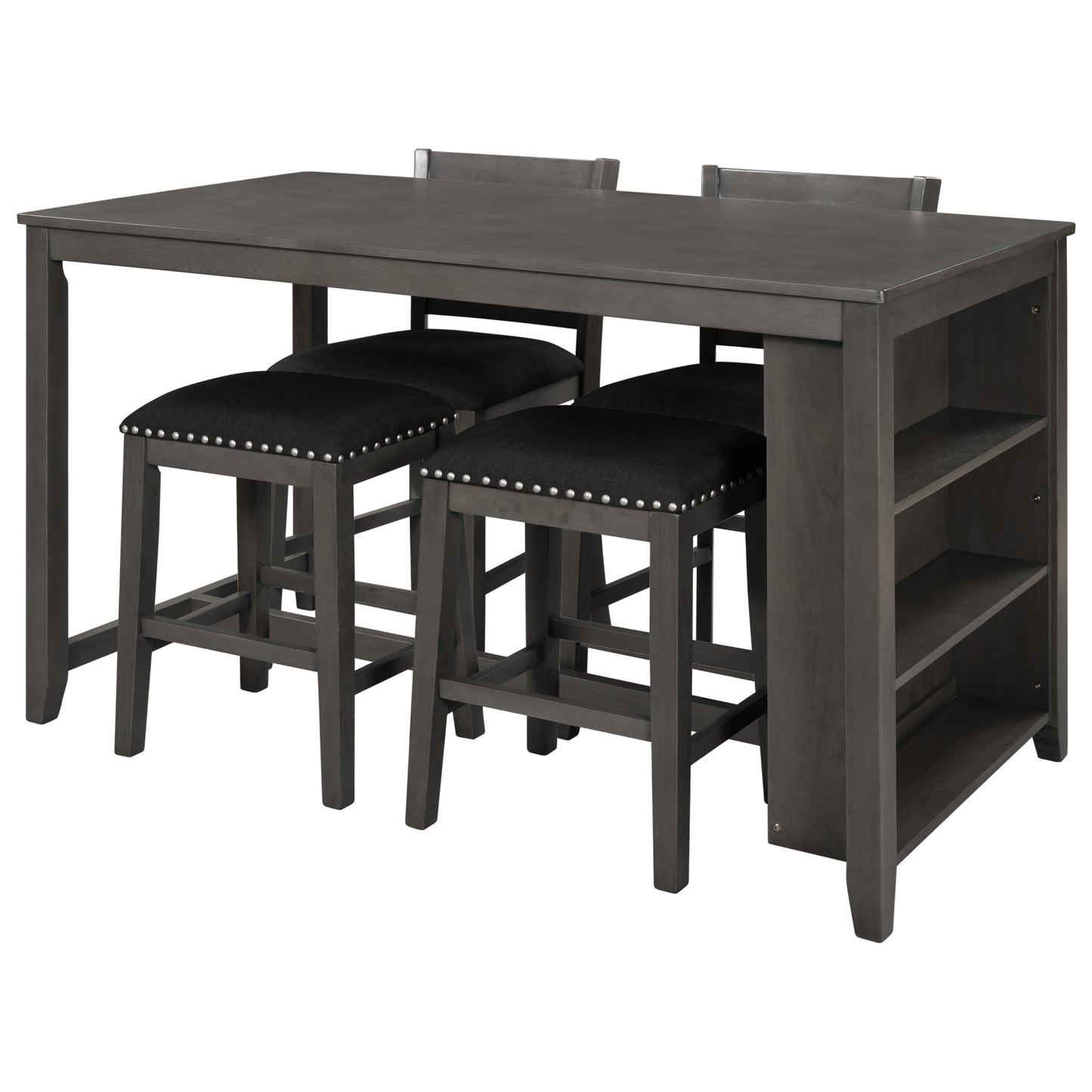 Gray wooden bar table and chairs set with black upholstered seats and storage shelves