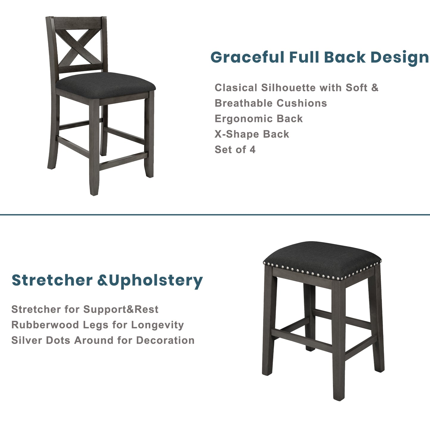 Dark gray wooden bar stool with Xback and upholstered seat