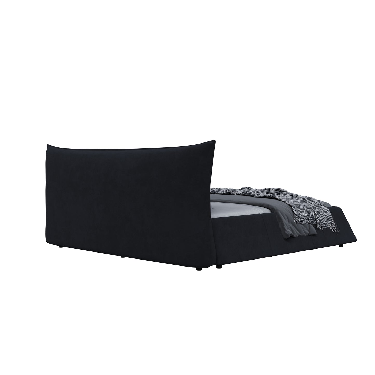 Black fabric platform bed with curved headboard and grey bedding
