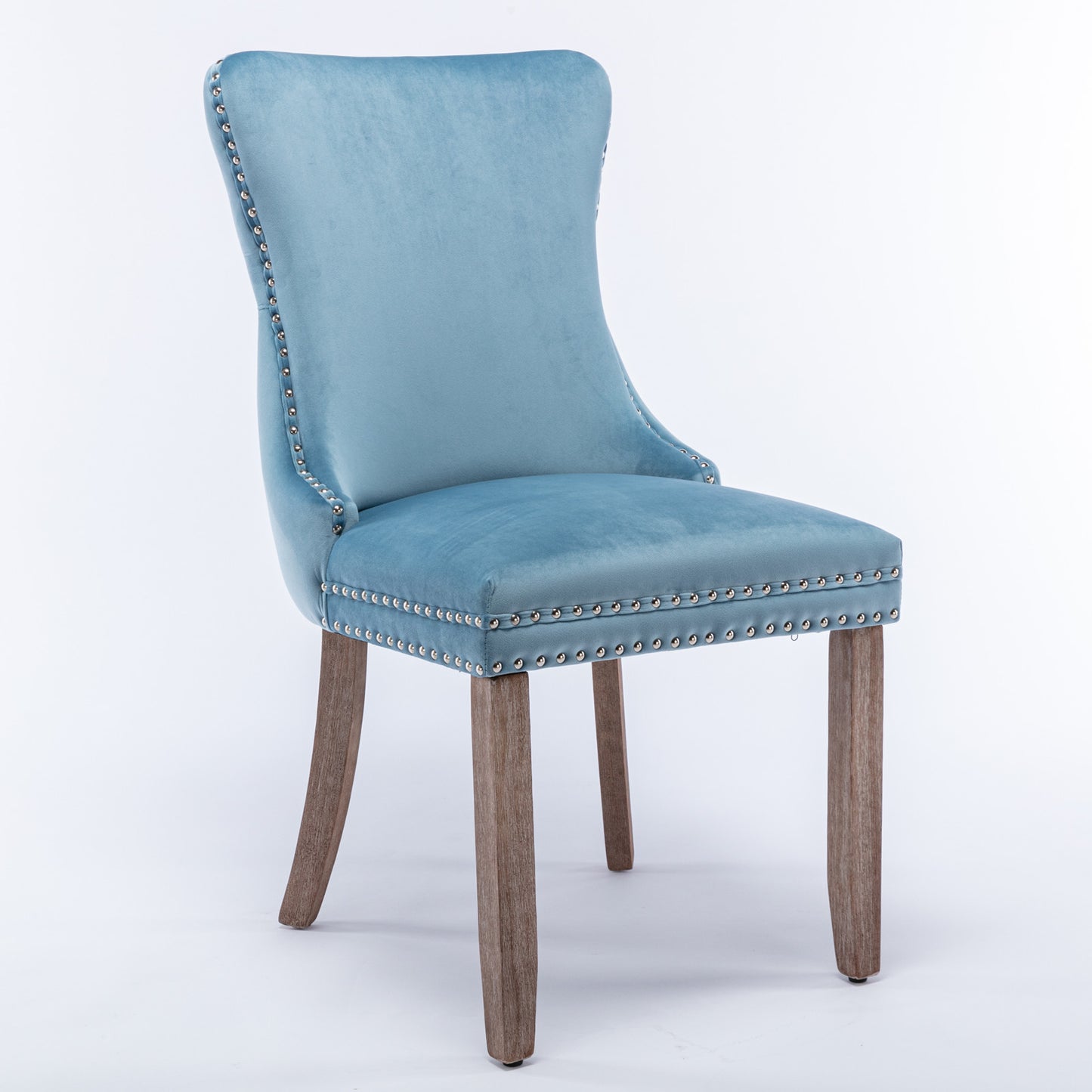 Light blue velvet accent chair with nailhead trim and dark wood legs