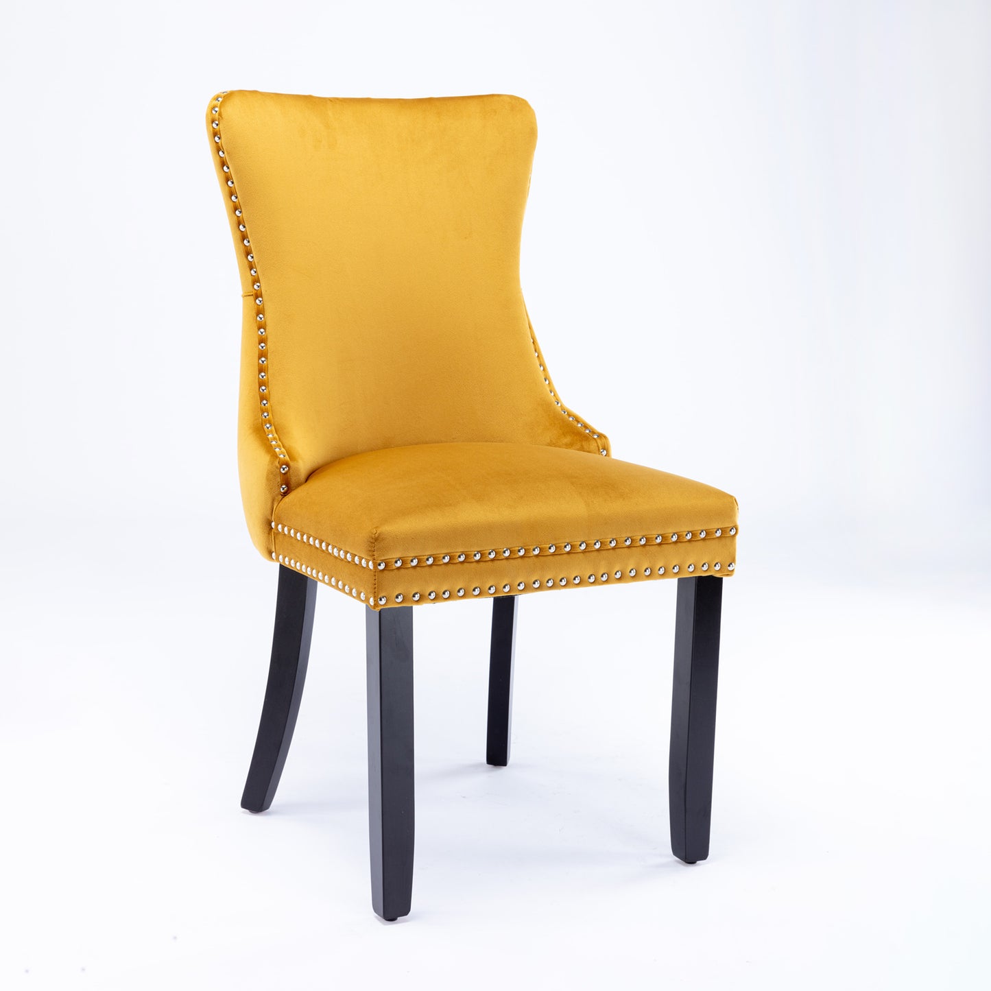 Mustard velvet dining chair with silver nailhead trim